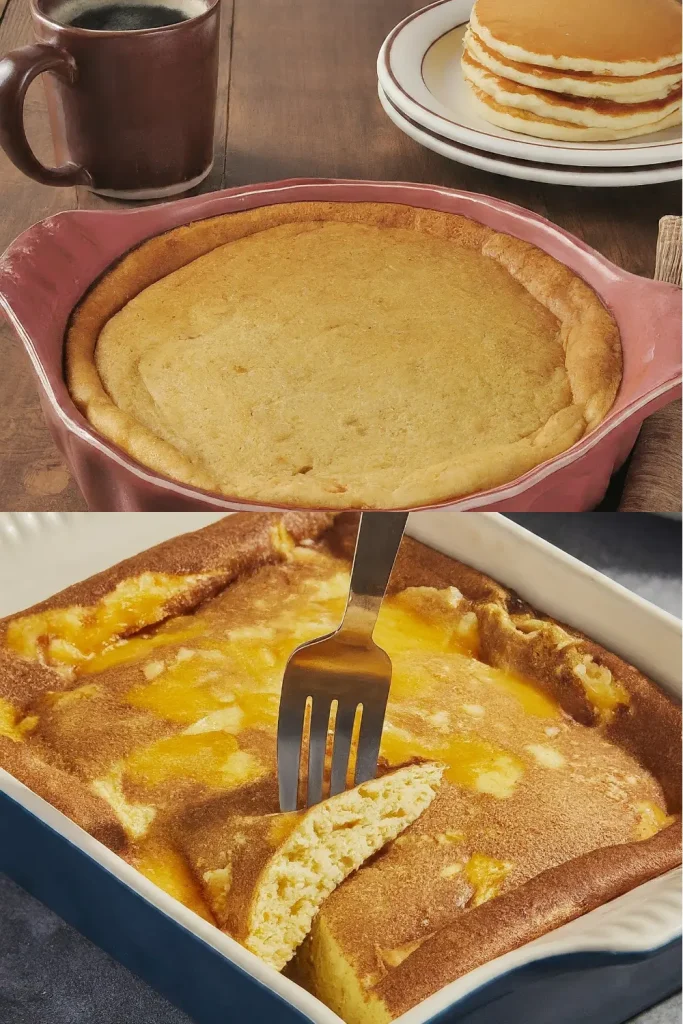 A deliciously baked pancake breakfast casserole served in a dish, topped with fresh fruits and powdered sugar.