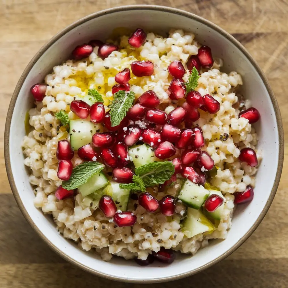 Colorful pomegranate bulgur salad, featuring pomegranate arils mixed with tender bulgur wheat and fresh vegetables.