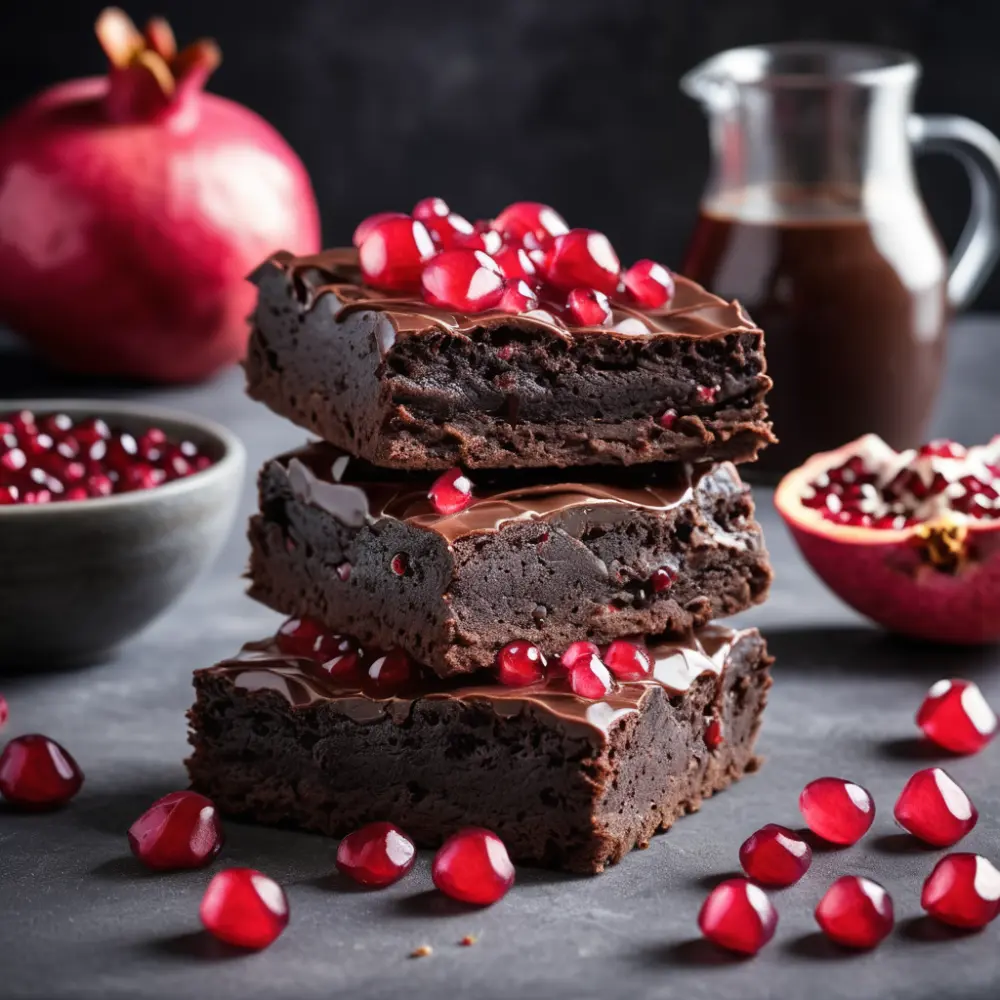 Decadent chocolate brownies topped with vibrant pomegranate arils, adding a sweet and tangy contrast to the rich chocolate.