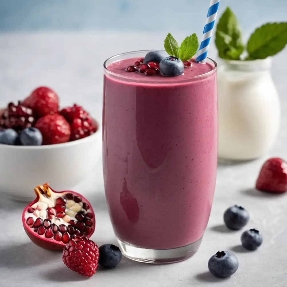 Smoothie made with pomegranate arils, blending vibrant red seeds with other fresh fruits for a refreshing drink.