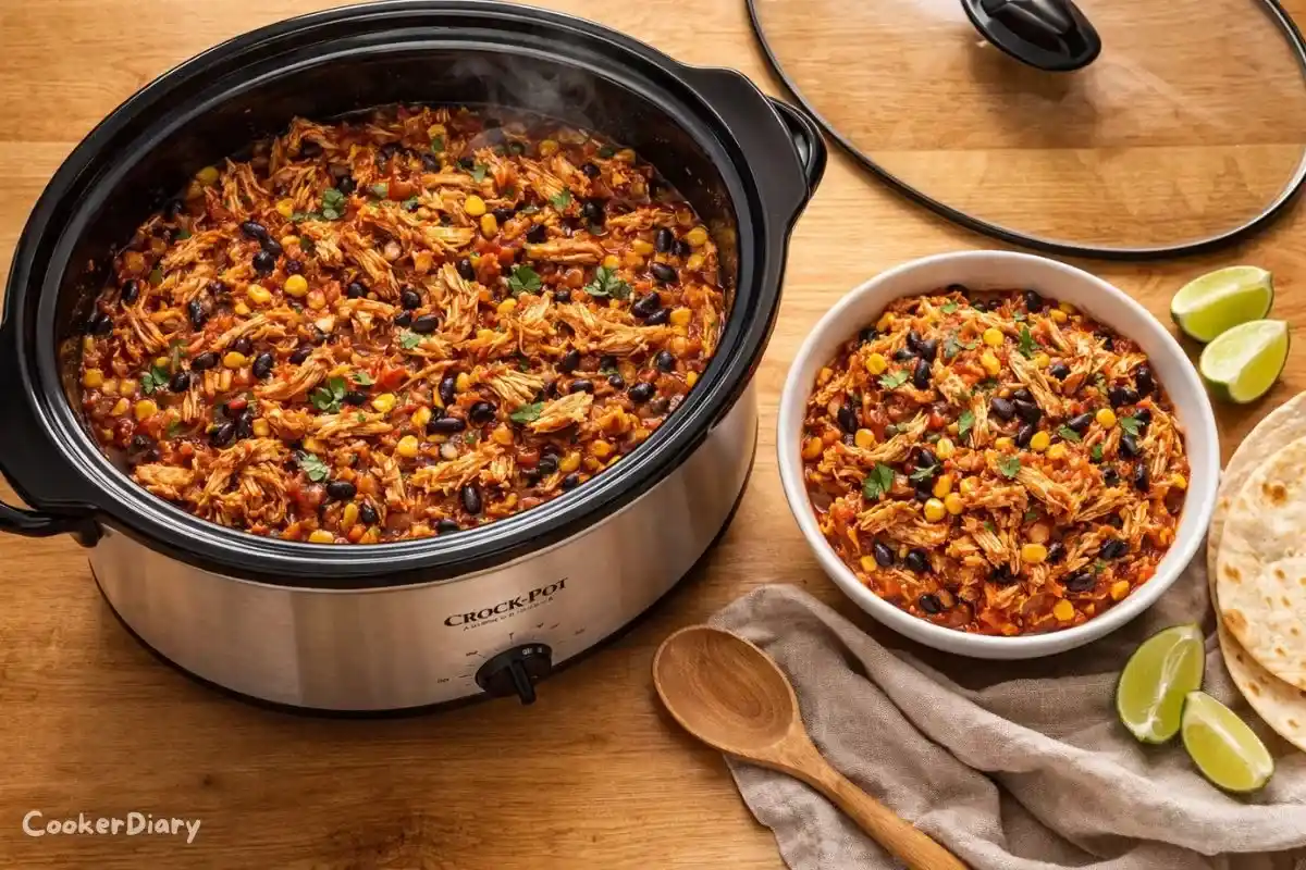 Top-down view of salsa chicken inside a stainless-steel Crock-Pot slow cooker.