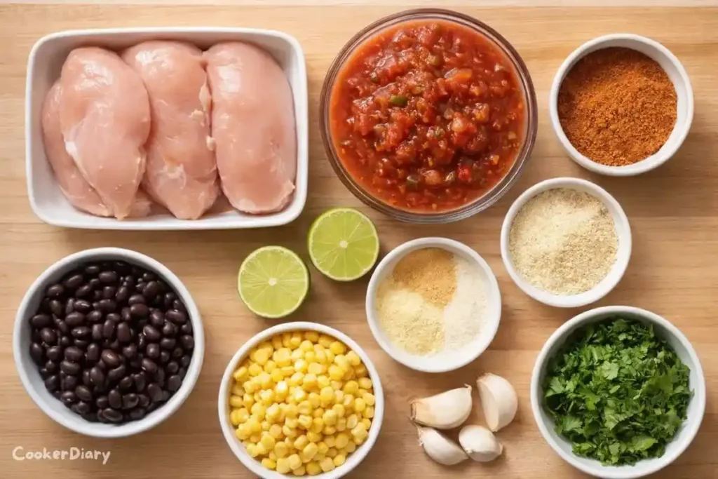 Flat-lay of salsa chicken crockpot ingredients on a wooden counter.