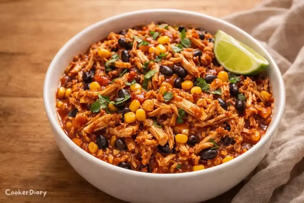 Angled close-up of steaming salsa chicken inside a stainless steel Crock-Pot.