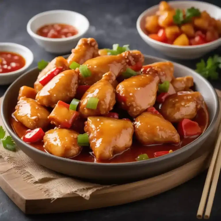 Plate of served sweet and sour chicken, featuring crispy chicken pieces, bell peppers, and pineapple in a tangy sauce.