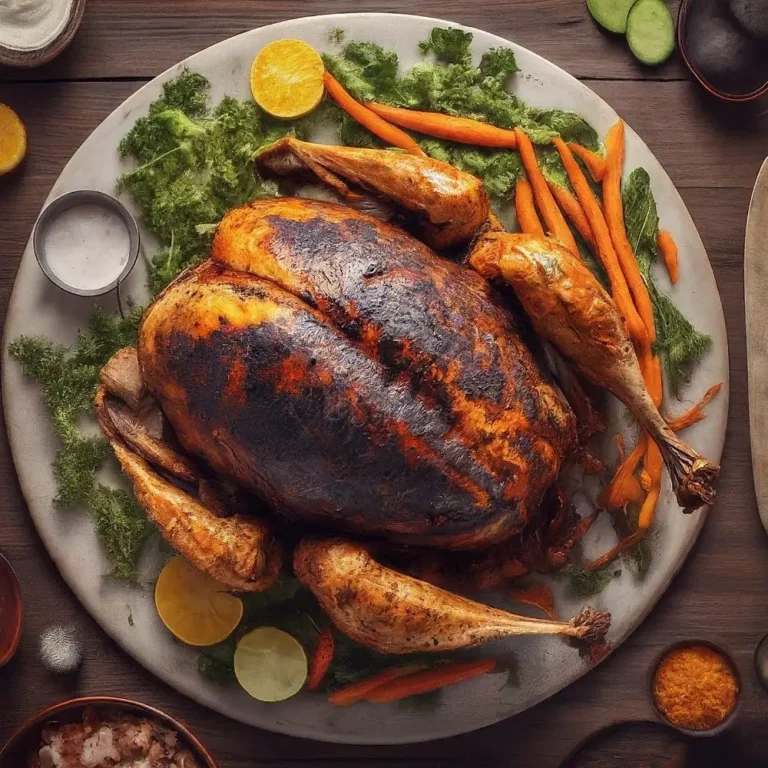 A jar of Traeger turkey rub seasoning placed next to a roasted turkey, highlighting its rich blend of spices for perfect flavor.