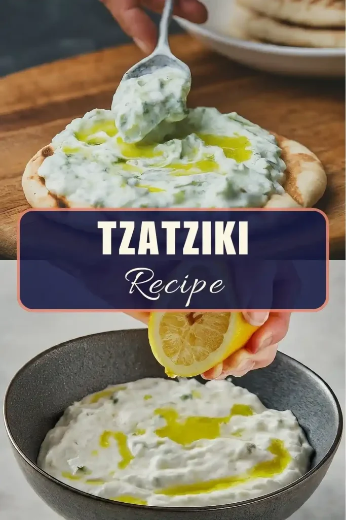 A bowl of creamy homemade tzatziki sauce garnished with olive oil, cucumber slices, and fresh herbs.
