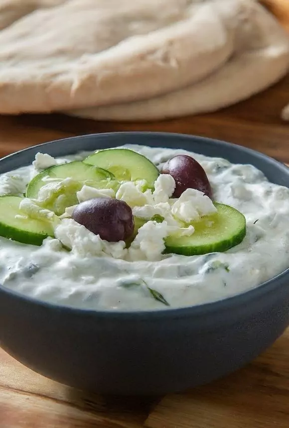 A vibrant tzatziki bowl filled with fresh vegetables, grilled meat, and creamy tzatziki sauce.