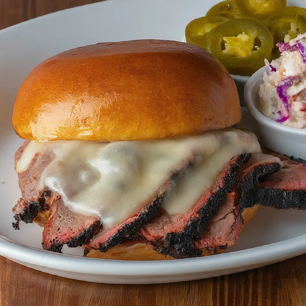 A mouthwatering brisket sandwich with tender slow-cooked brisket, melted cheese, and BBQ sauce on a toasted bun.