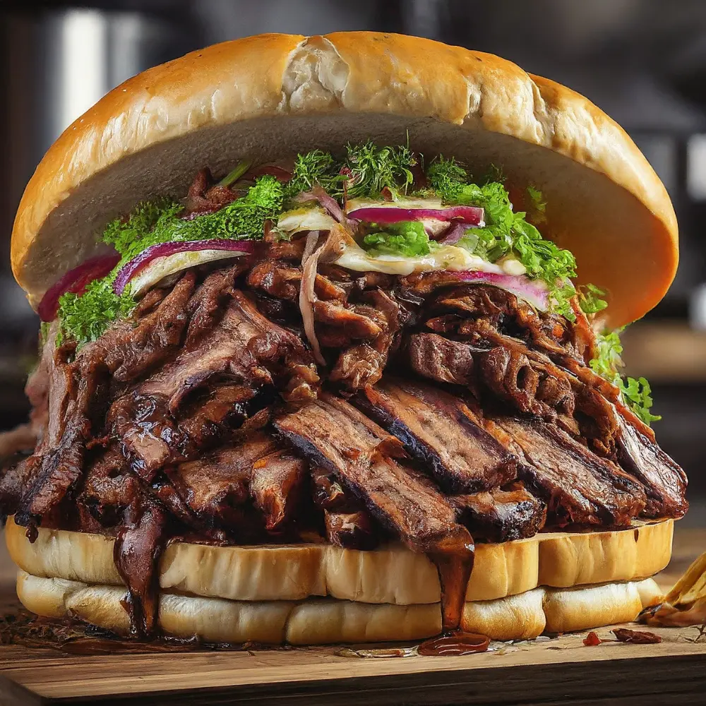 A hearty served brisket sandwich with tender, slow-cooked brisket, topped with melted cheese and BBQ sauce on a toasted bun.