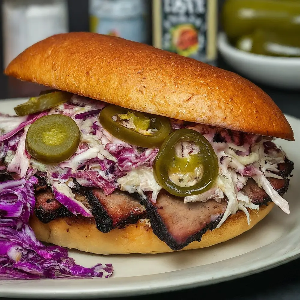 A delicious brisket sandwich made with tender, slow-cooked brisket, BBQ sauce, and melted cheese, served on a toasted bun.