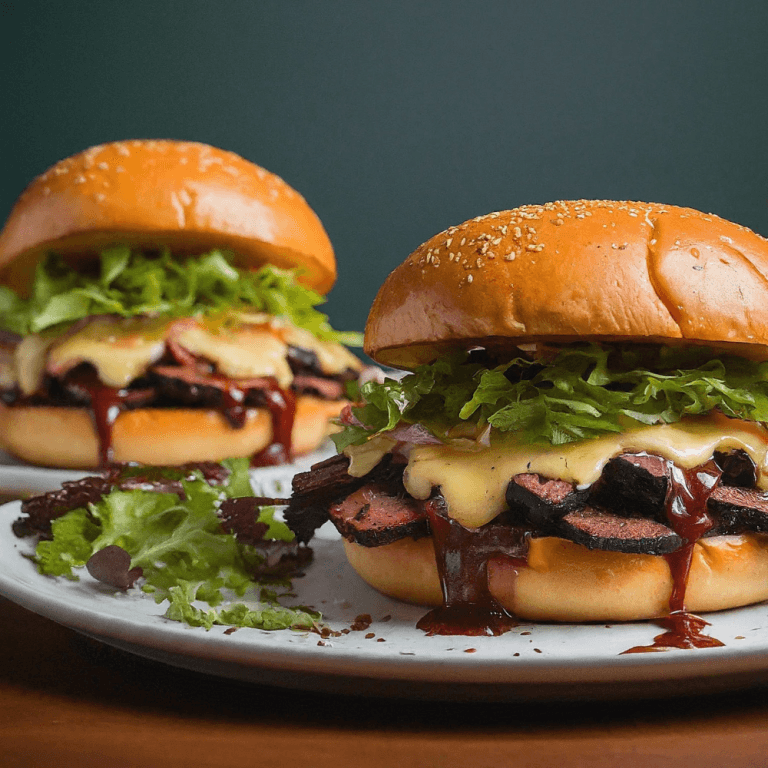 A delicious brisket sandwich served with tender slow-cooked brisket, melted cheese, and tangy BBQ sauce on a soft bun.