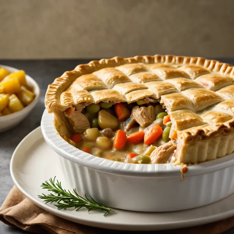 chicken pot pie with crescent rolls: Golden, flaky chicken pot pie made with crescent rolls, featuring a creamy filling of chicken, vegetables, and savory sauce.