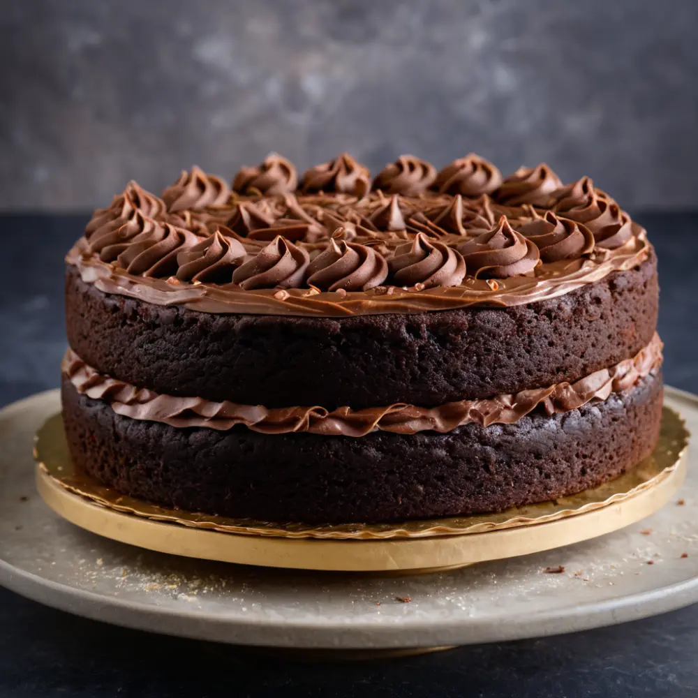 Decadent chocolate cake with layers of rich, moist cake and smooth chocolate frosting.