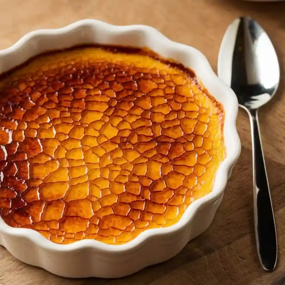 A classic creme brule dessert with a perfectly caramelized golden crust, served in a white ramekin with a spoon beside it.