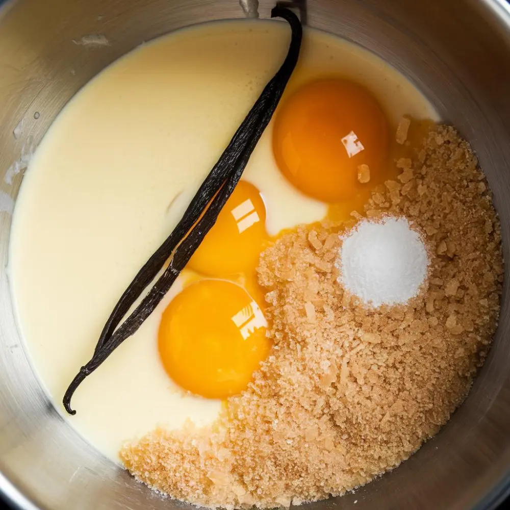 Crème brûlée being made with custard base, vanilla beans, and caramelized sugar topping.