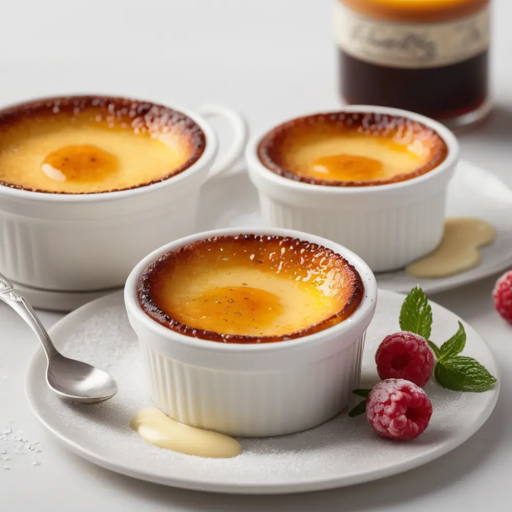 Classic creme brulee dessert with a golden, caramelized sugar crust and creamy custard filling.