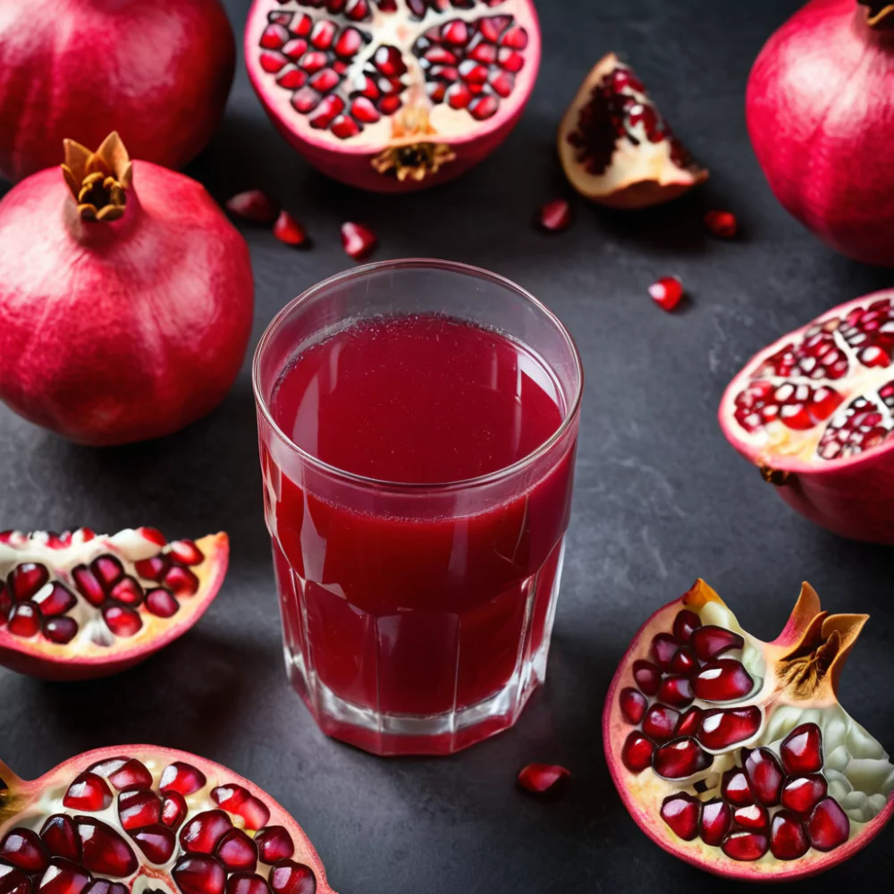 Glass of fresh pomegranate juice, vibrant red and full of nutrients, served with a few pomegranate arils.
