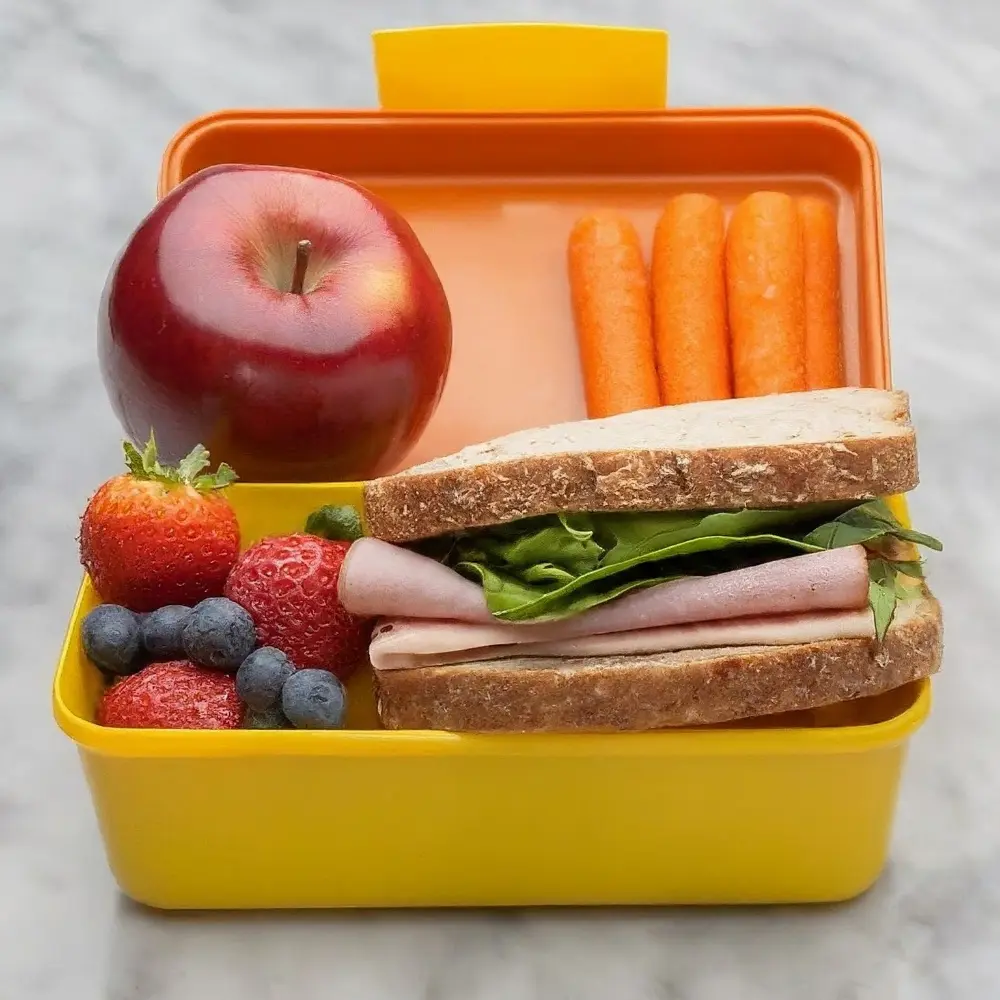 A variety of healthy and colorful kids' lunch box ideas, featuring sandwiches, fruits, veggies, and snacks.