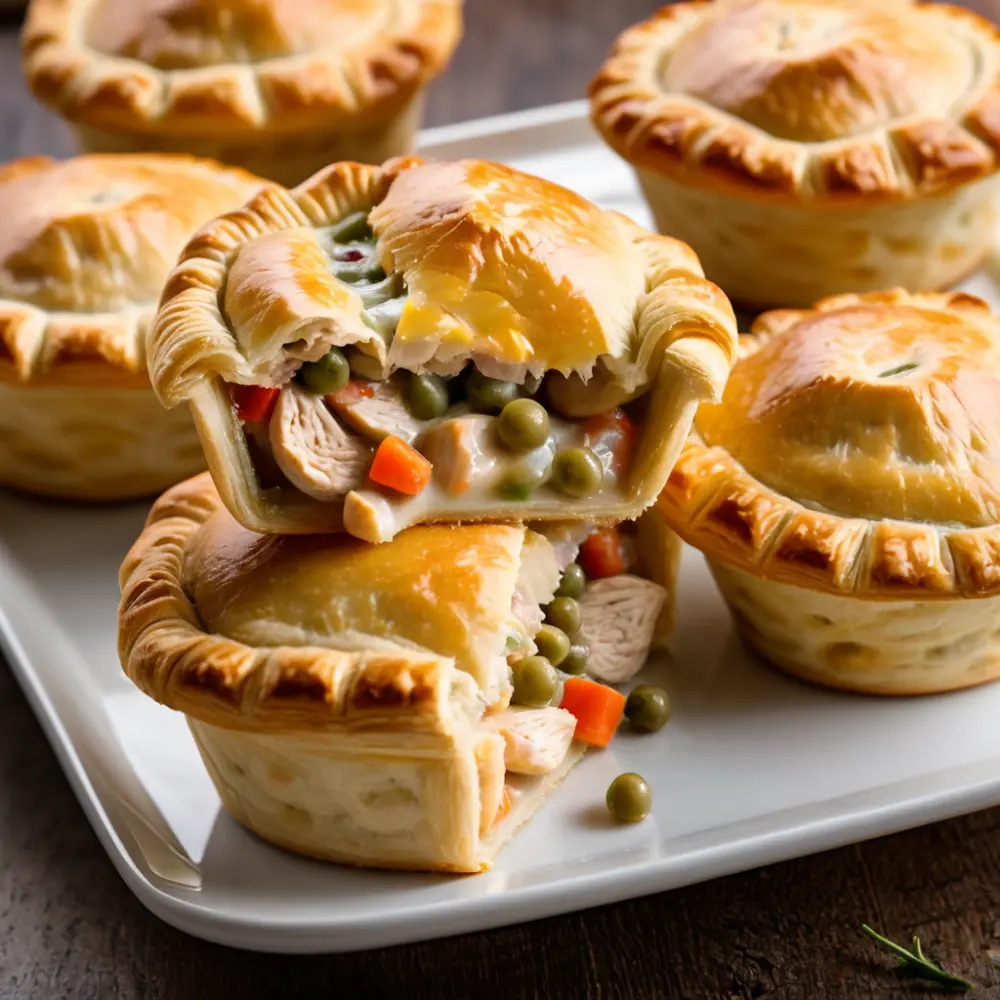 Mini chicken pot pies in individual servings, with flaky crusts and creamy chicken filling.