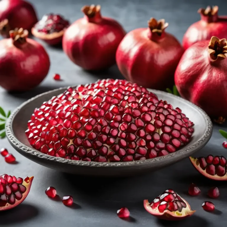 Fresh pomegranate seeds on a plate, showcasing their vibrant red color and juicy texture.