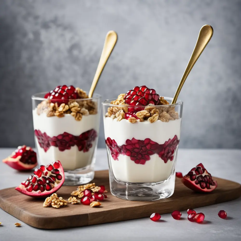 Layered pomegranate arils yogurt parfait, featuring creamy yogurt, crunchy granola, and fresh pomegranate seeds.