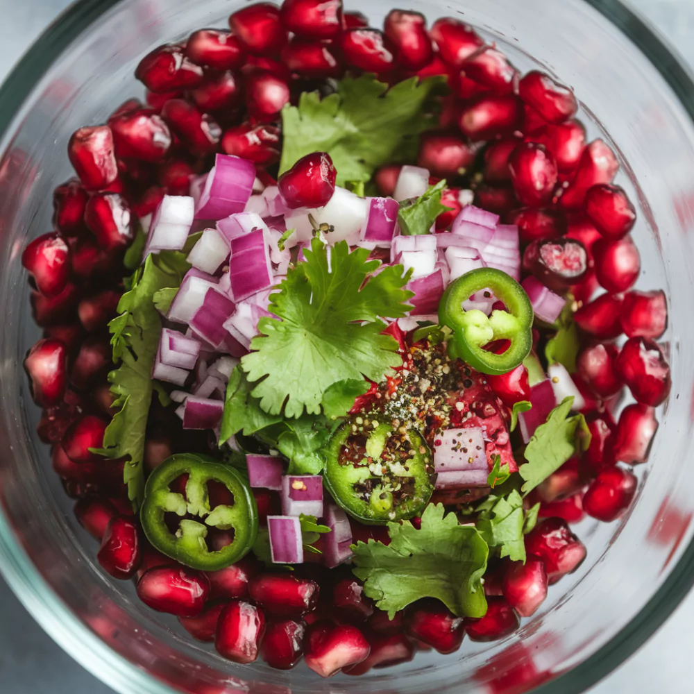 Vibrant pomegranate relish in a bowl, showcasing the fresh pomegranate arils mixed with herbs and spices.