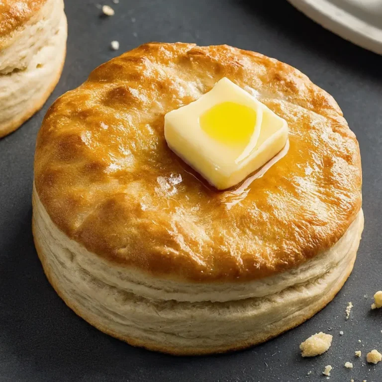 A plate of freshly baked, flaky, and golden brown Popeyes biscuit served with butter.