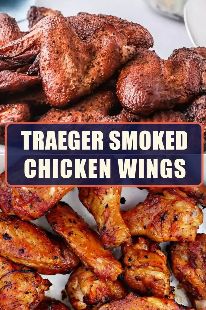 Juicy and flavorful Traeger-smoked chicken wings on a wooden board, garnished with fresh herbs.