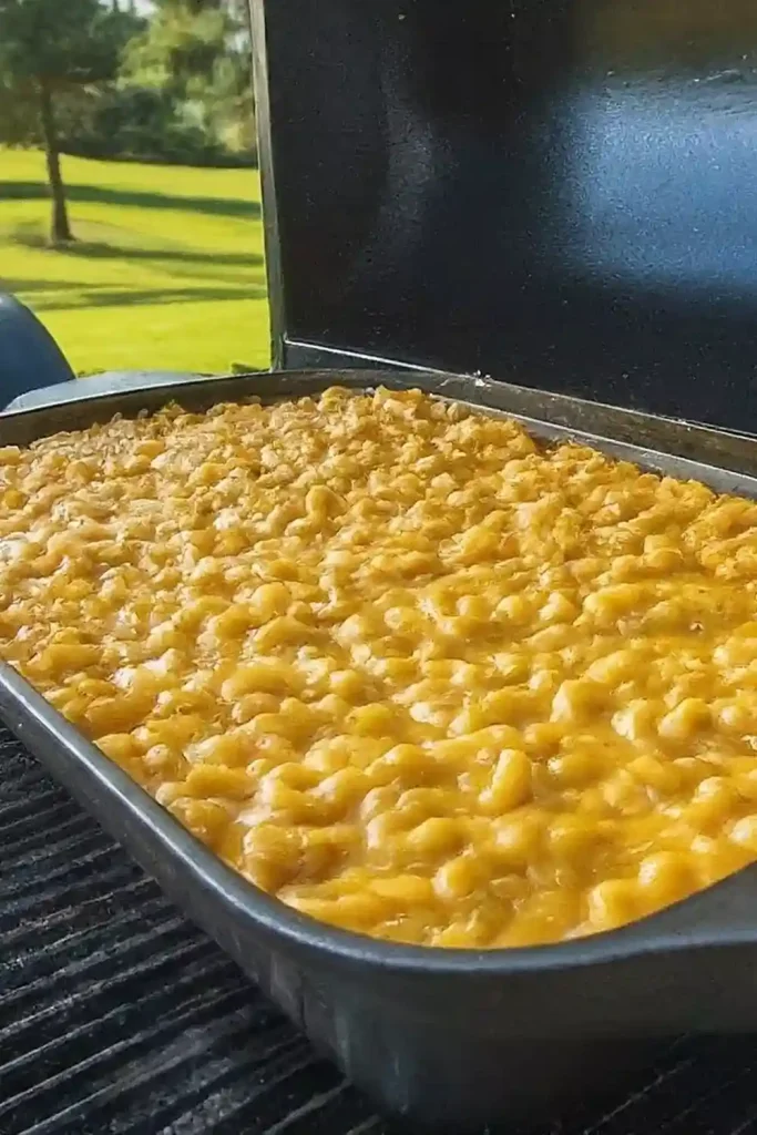 A delicious tray of creamy, golden-brown Traeger-smoked mac and cheese fresh off the grill.