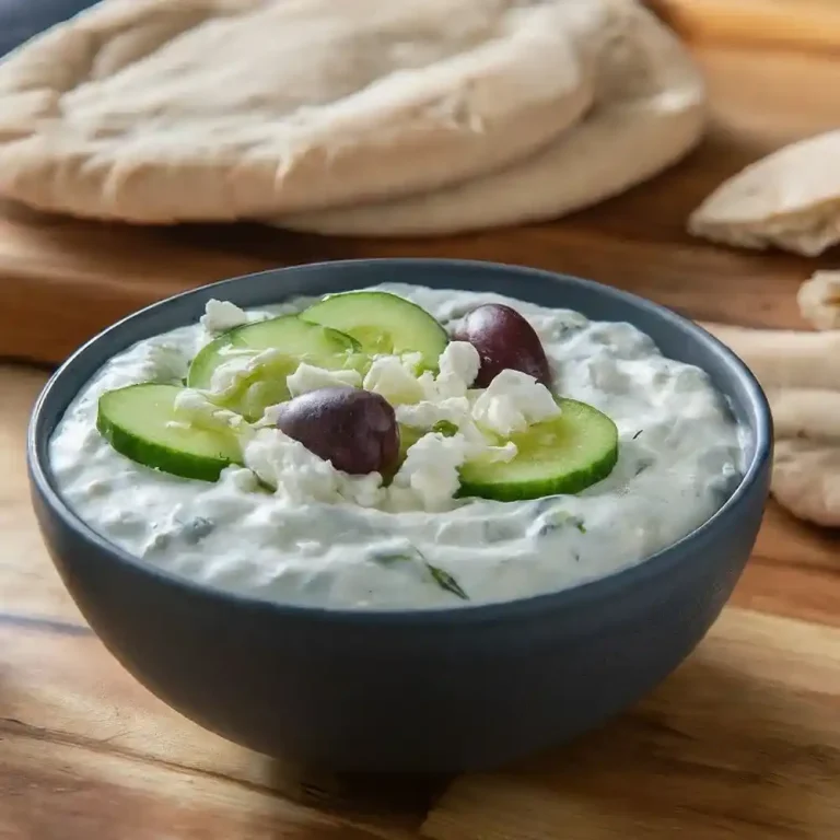 A bowl of creamy homemade tzatziki sauce made with yogurt, cucumber, garlic, and herbs, perfect for dipping or as a condiment.