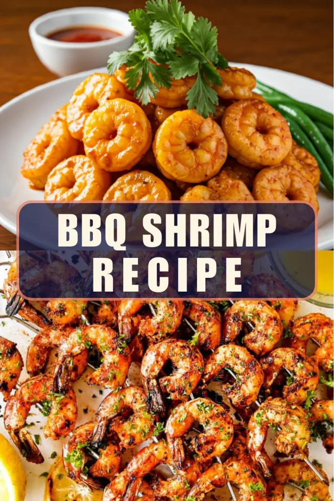 A vibrant plate of grilled BBQ shrimp, glazed with a smoky sauce, garnished with fresh herbs and lemon wedges.