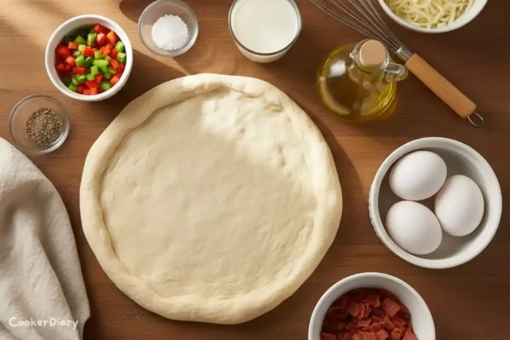 Flat-lay of breakfast pizza ingredients including dough, eggs, cheese, bacon, and peppers.