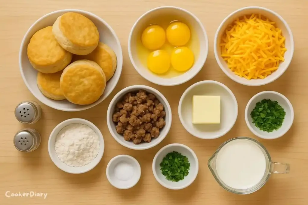 Flat-lay of raw ingredients for the recipe on a wooden kitchen counter.