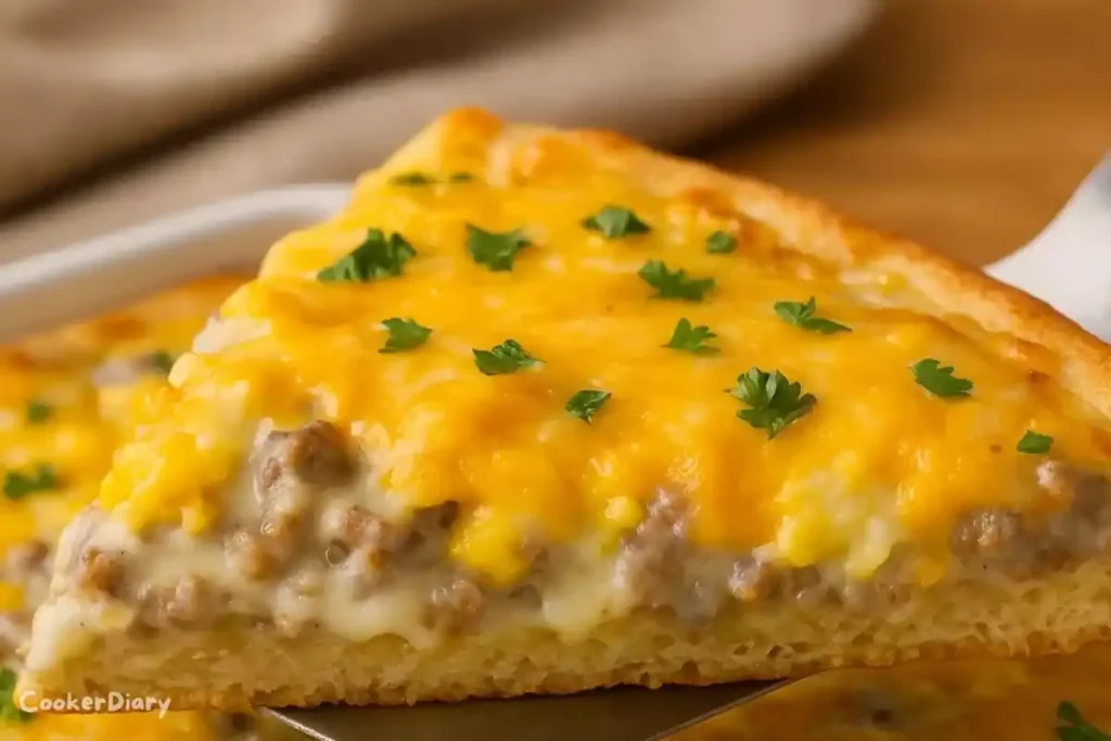 Angled close-up of breakfast pizza showing layers of biscuit, gravy, eggs, sausage, and cheese.