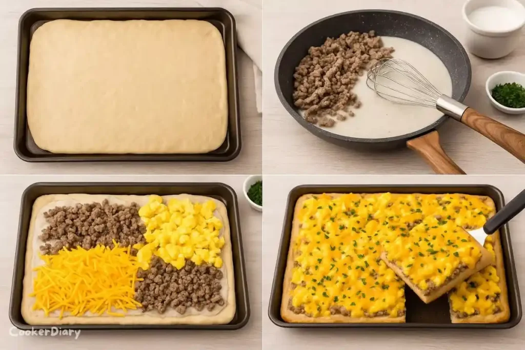 Four-step composite showing preparation of pizza from biscuit crust to garnished finished dish.