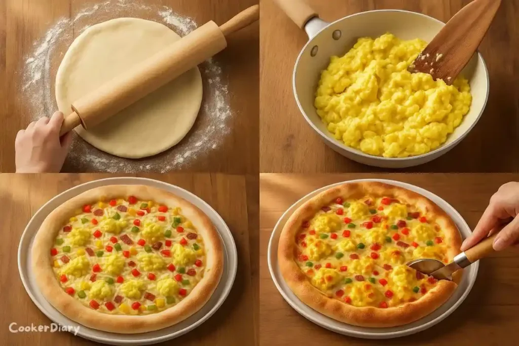 Four-step composite showing rolling dough, scrambling eggs, assembling toppings, and baking the pizza.