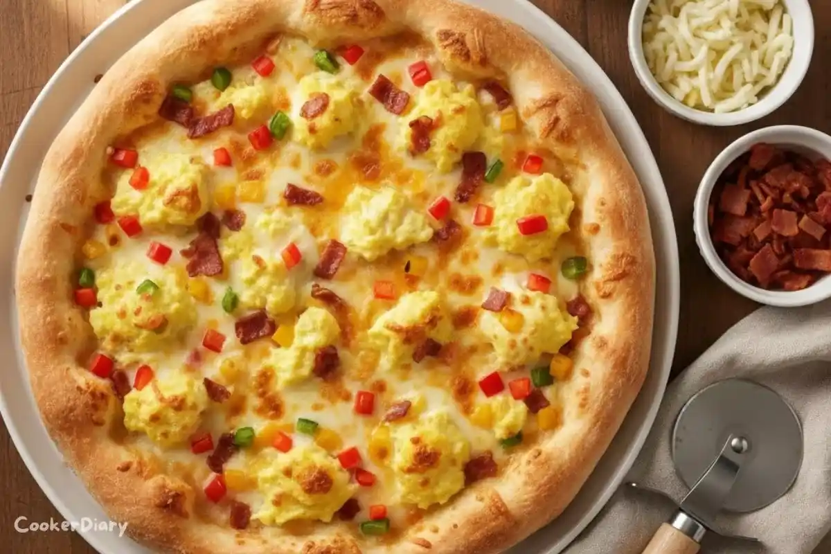 Top-down view of breakfast pizza topped with scrambled eggs, cheese, turkey bacon, and peppers.