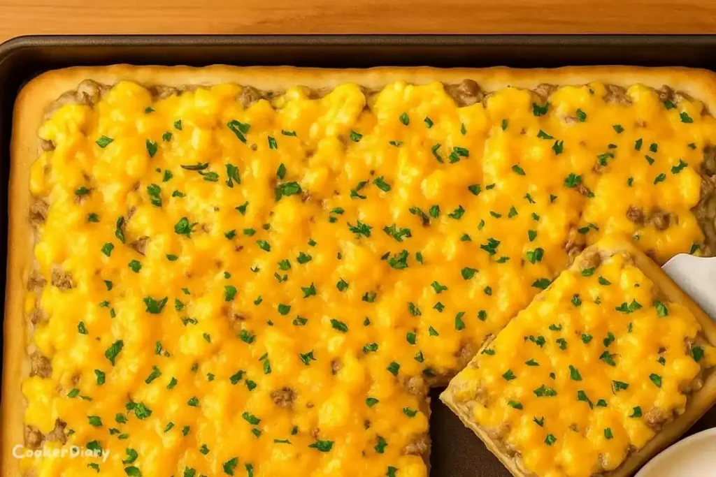 Top-down view of breakfast pizza with biscuit crust, sausage gravy, eggs, and melted cheese.