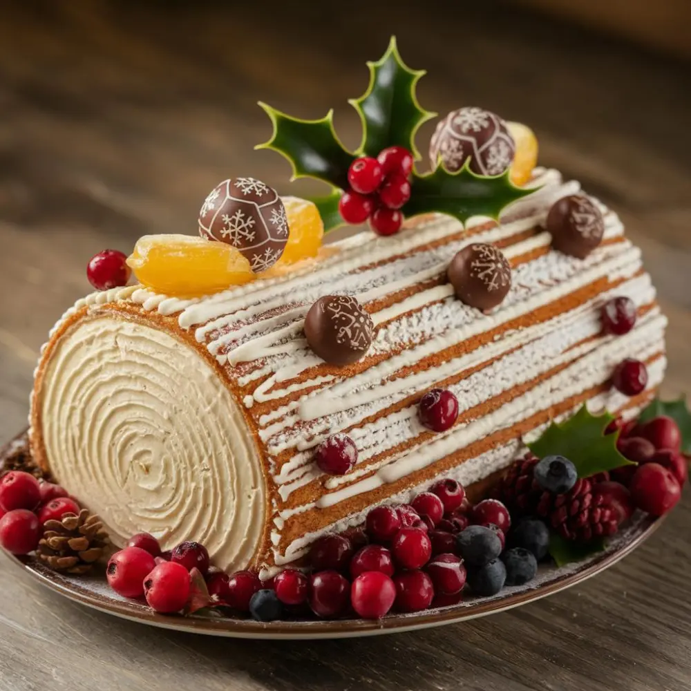 A beautifully decorated Buche de Noel cake, showcasing its rich chocolate frosting and festive holiday design.