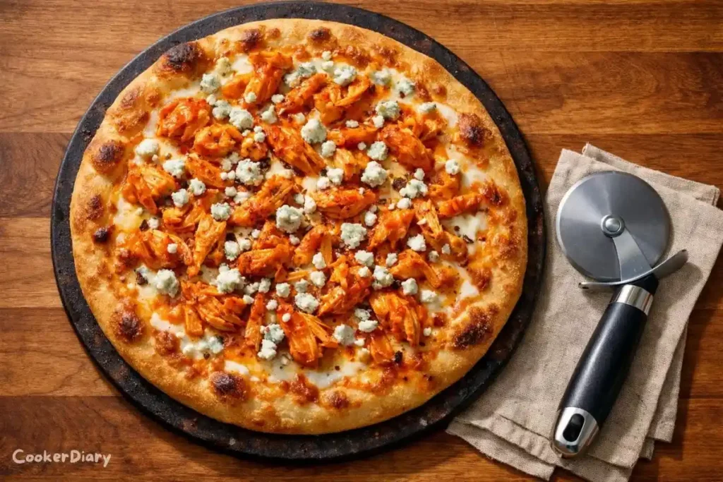 Top-down view of Buffalo wing pizza with melted cheese and buffalo chicken topping.