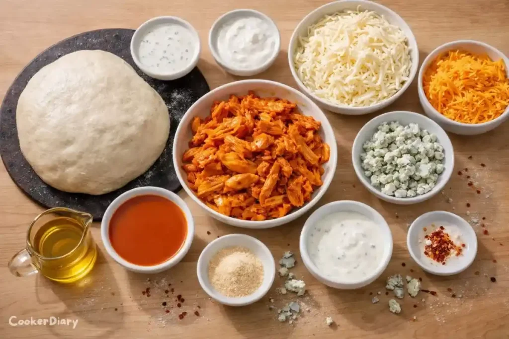 Flat-lay of Buffalo wing pizza ingredients including dough, cheeses, chicken, and sauce.