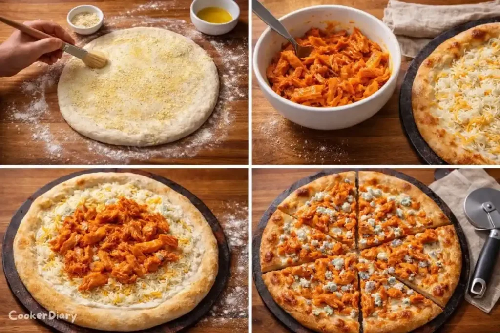Four-step composite showing the preparation of pizza from dough to finished baked pizza.