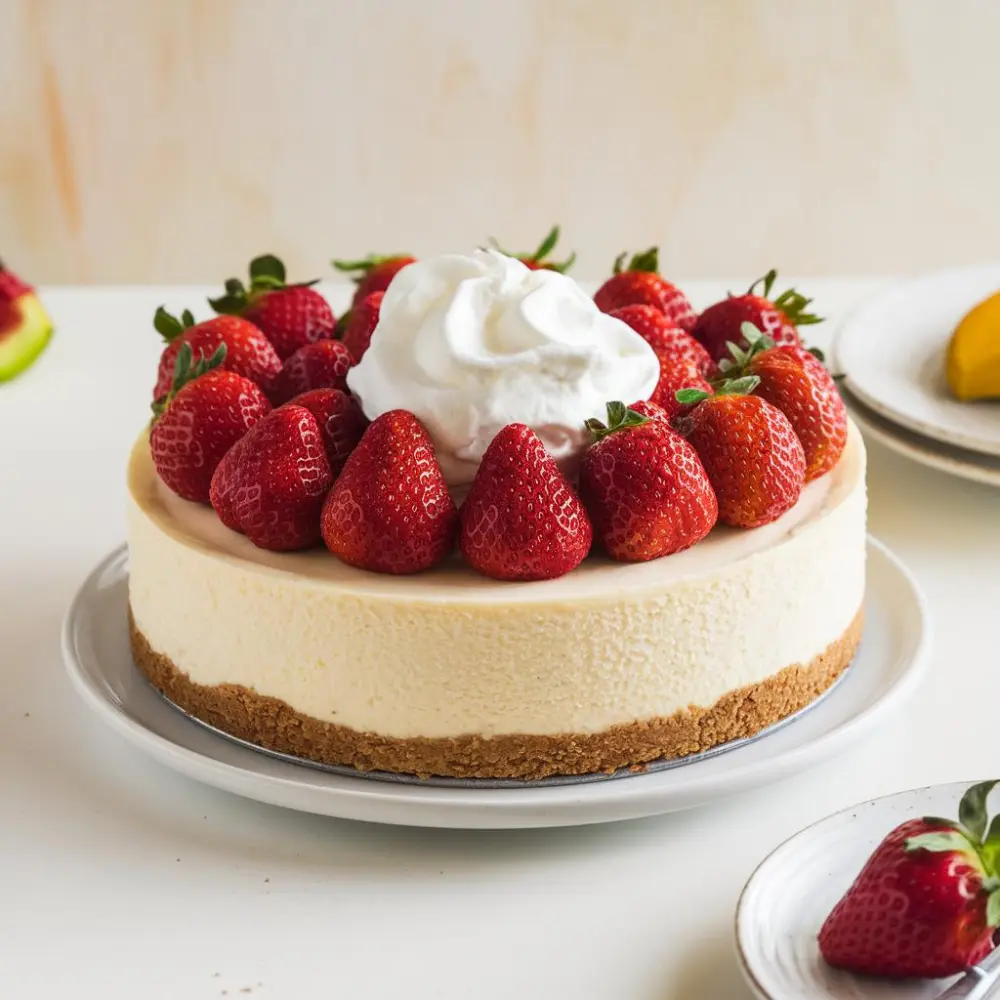 A slice of Chantal's famous New York cheesecake with a creamy texture and golden crust, served on a white plate.