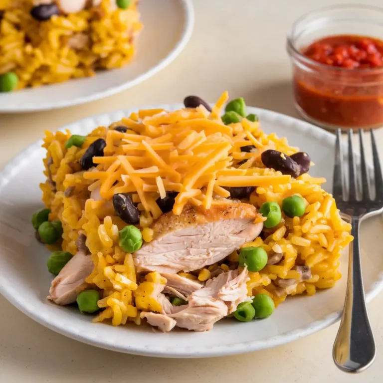 A delicious plate of chicken and yellow rice, garnished with fresh herbs and lime wedges.