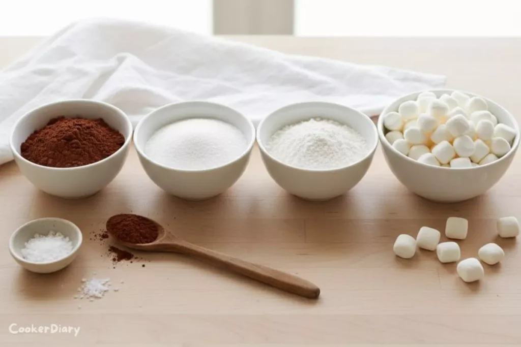Flat-lay of Christmas hot cocoa mix ingredients on a wooden countertop.