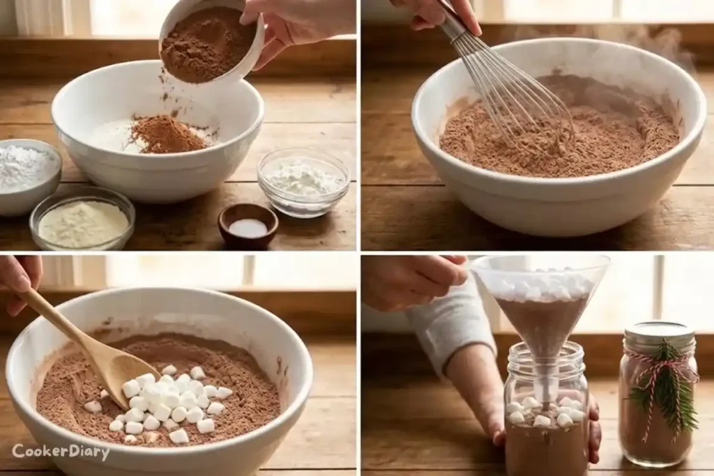 Four-step composite showing how to make the hot cocoa mix.