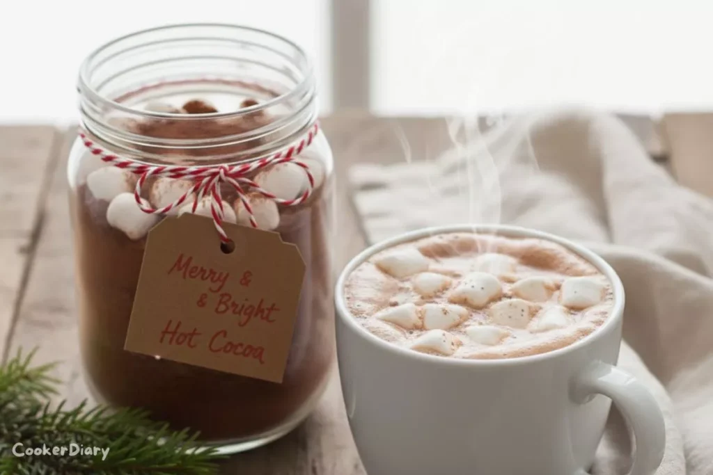 Angled close-up of creamy Christmas hot cocoa with marshmallows.