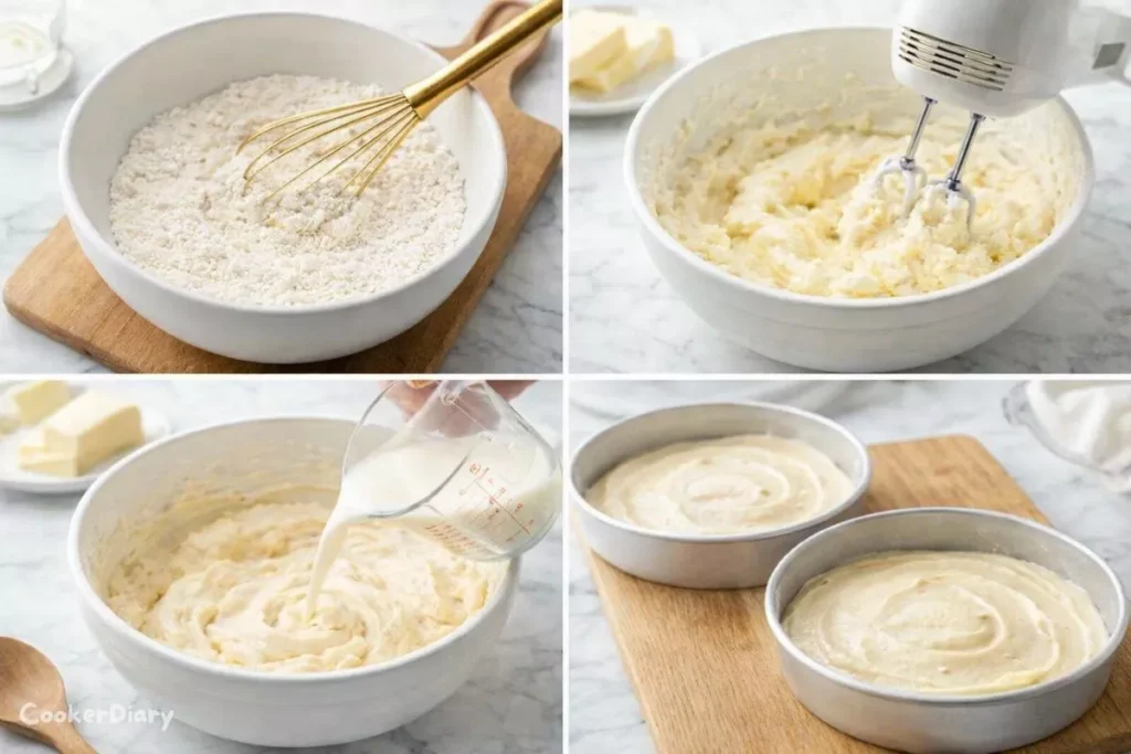 Four-step collage showing mixing and baking process of the vanilla cake.