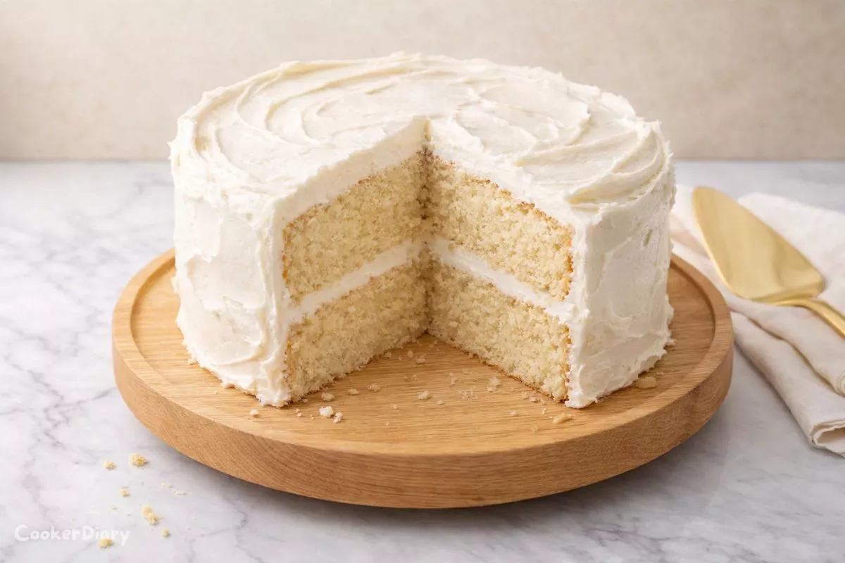 Top-down view of classic vanilla gluten free cake with smooth frosting on marble counter.