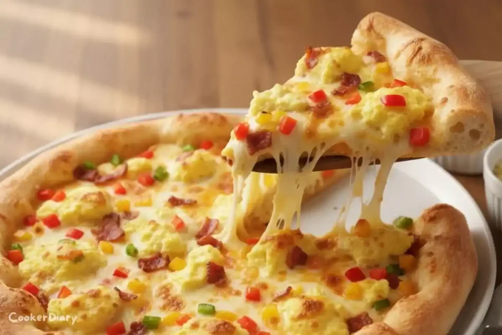 Angled close-up of breakfast pizza slice being lifted, showing melted cheese and toppings.